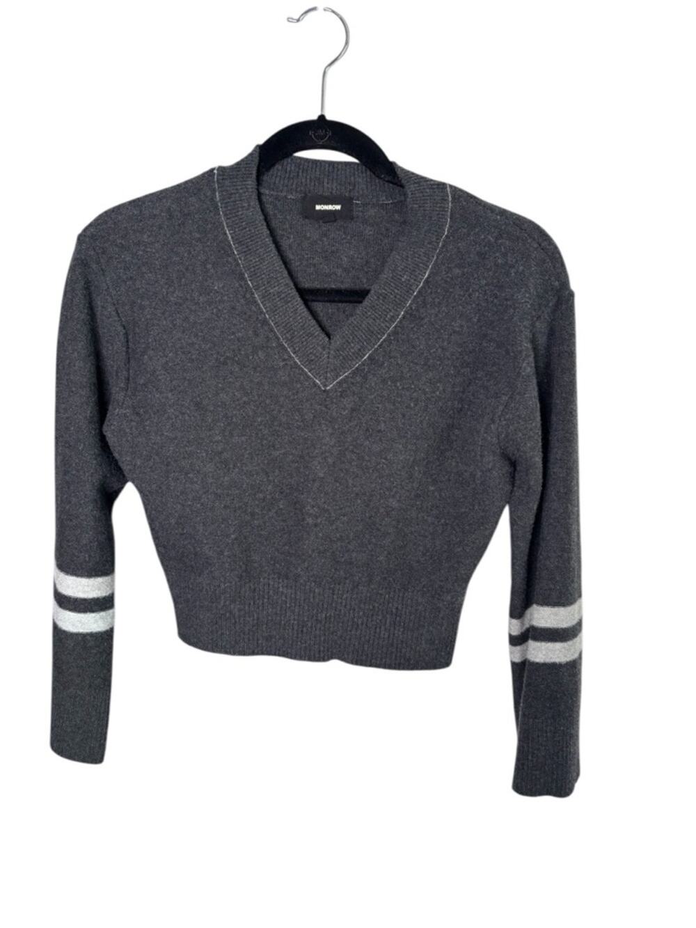 Monrow Dark Gray Cropped V Neck Long Sleeve Sweater XS